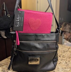 Nicole Miller Black Shoulder Bag Crossbody Bag With Pink Wristlet (NWT)